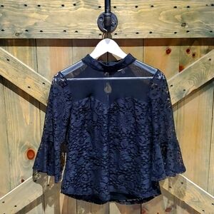 BLACK MOCK NECK LACE TOP 3/4 BELL SLEEVES WHIMSIGOTH